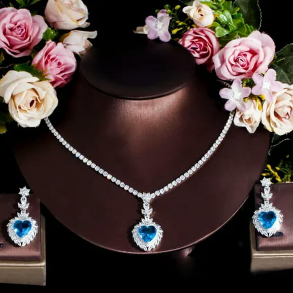 Romantic Blue CZ Long Heart Drop Necklace Earrings White Gold Plated Jewelry Set