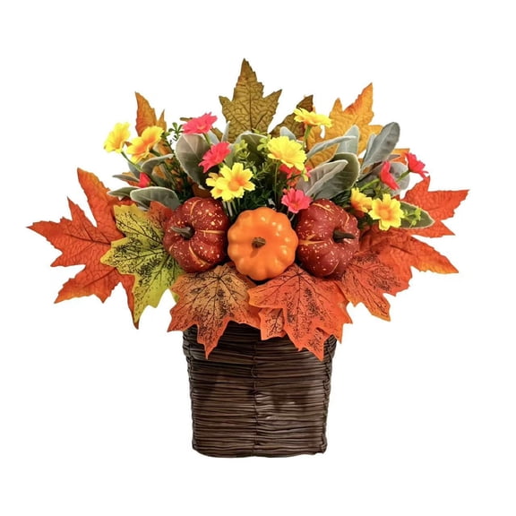 SUYOLL Halloween Decorations Artificial Autumn Flower Basket With Pumpkins Maple Leaves Fall Floral Arrangement Hanging Basket Decor For Thanksgiving Front Porch Door Wall Home Decor