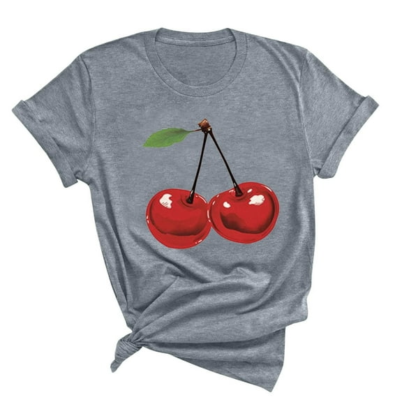 Busydd Womens Tops Stylish Cherries Graphic Tee Shirts Round Neck Short Sleeve Summer Tops Regular Casual T-Shirts for Women