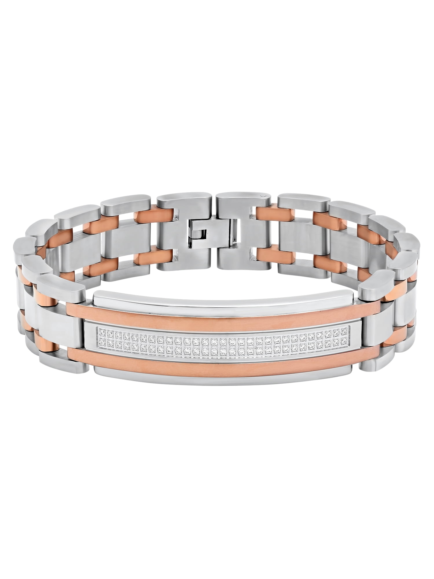 Men's CZ Stainless Steel with Rose IP ID Bracelet, 8.5"