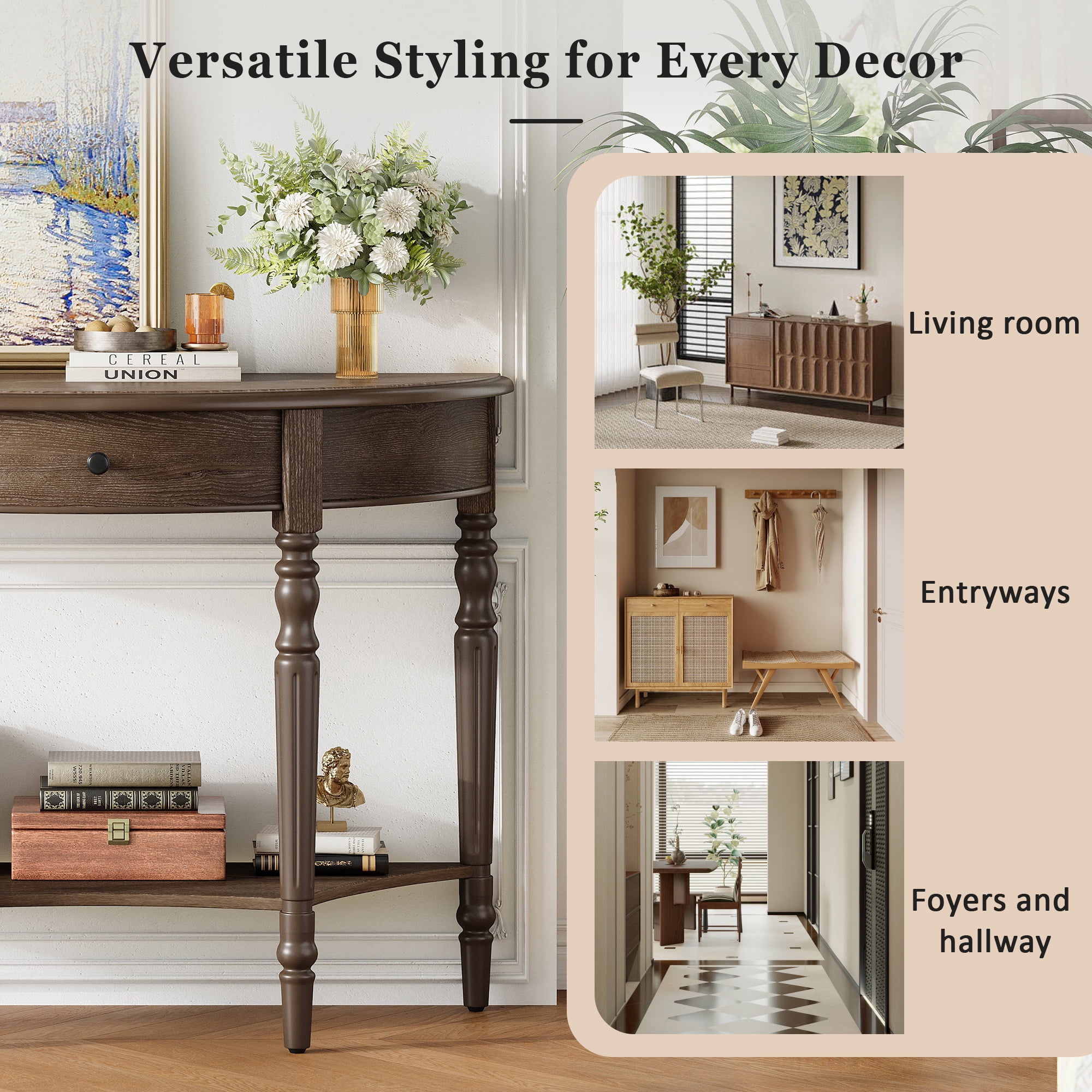 Farmhouse Half Moon Console Table with Drawer & Shelf, Rustic Accent Table, Sofa Table for Entryway, Living Room, Hallway and Foyer (Walnut)