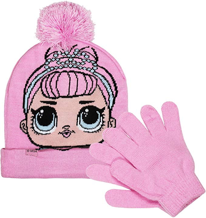 Pink Teachers Pet Pom Pom Pink Bobble Hat & Black Glitter Gloves LOL Surprise