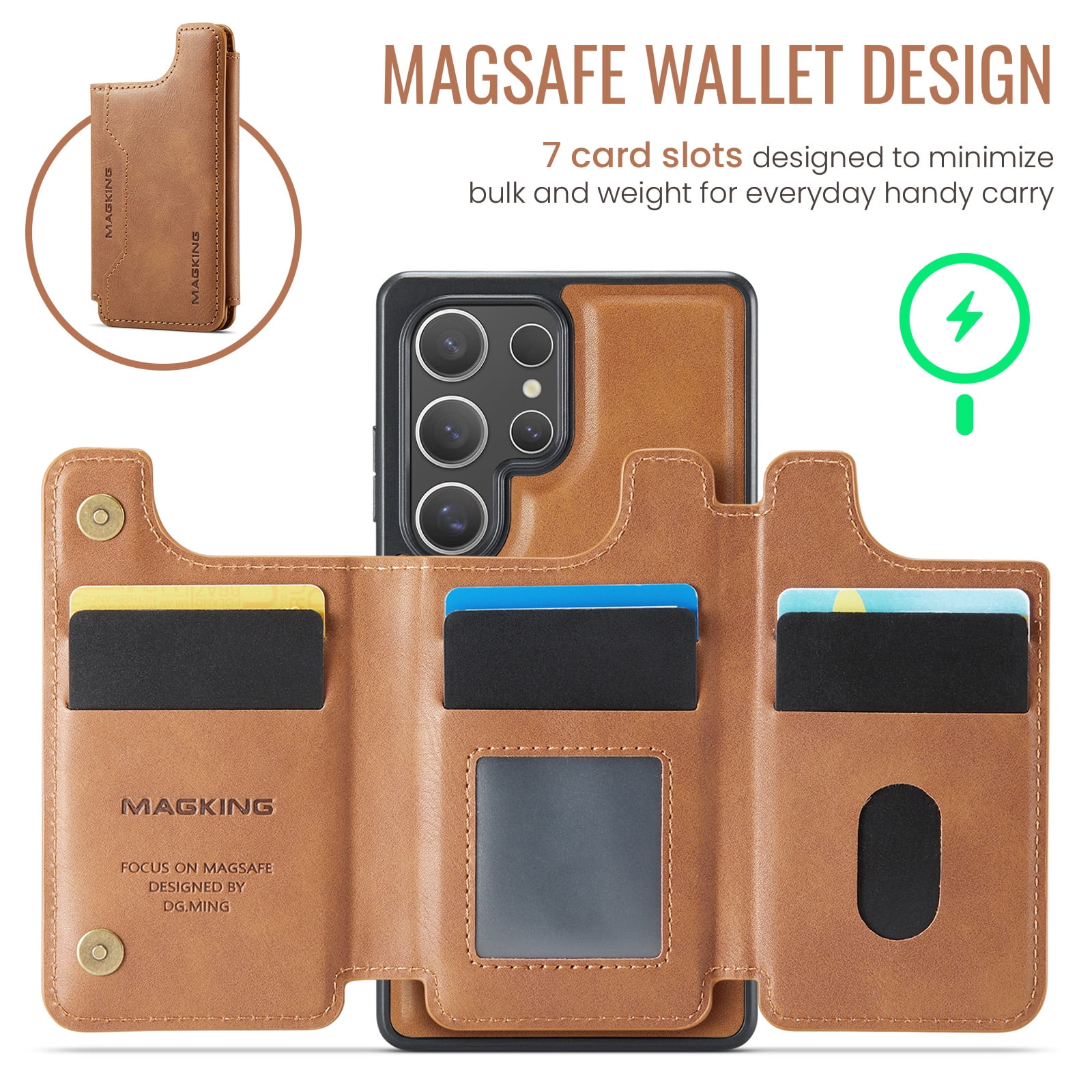 Designed for Samsung Galaxy S24 Ultra Wallet Phone Case,Magnetic Detachable Flip Card Holder,Back Flip Kickstand,Compatible with Mag-Safe,2-in-1 PU Leather Heavy Duty Shockproof Phone Case,Brown