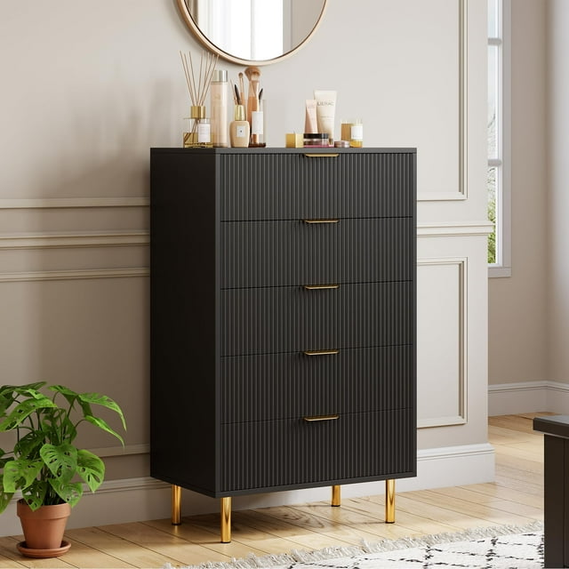 Commode Moderne à 5 Tiroirs pour Chambre avec Poignée Dorée et Grand Tiroir, Double Commode en Bois et Organisateur de Rangement pour Salon