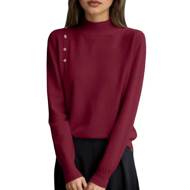 Fgnfyis Womens Sweaters Button Front Knit Pullover Soft Comfortable Loose Fit Turtleneck Top Fall Winter Casual Wine M