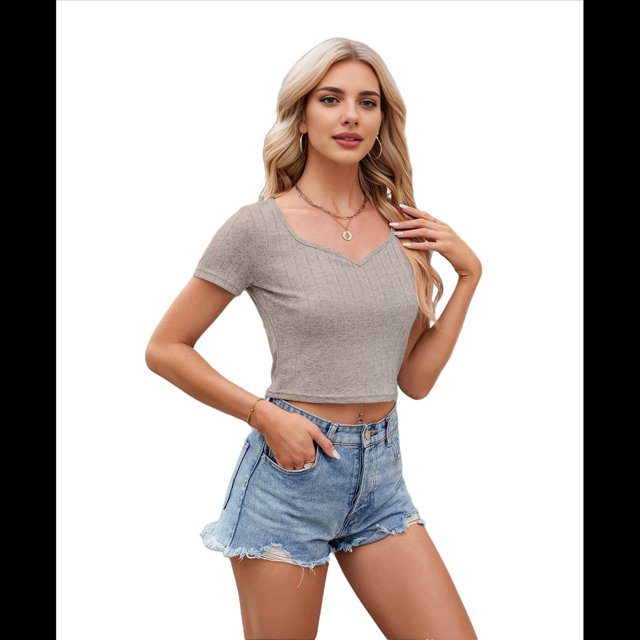 Camiseta de Corta con Cuello en V y Ombligo Al Descubierto, Color Caqui, Talla L