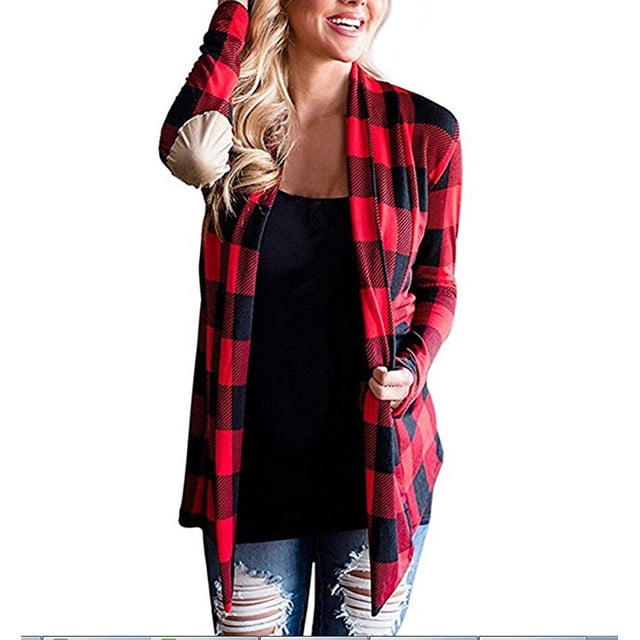 ITFABS Cardigan en Coton à Carreaux pour Femmes, Manches Longues, Ouvert devant