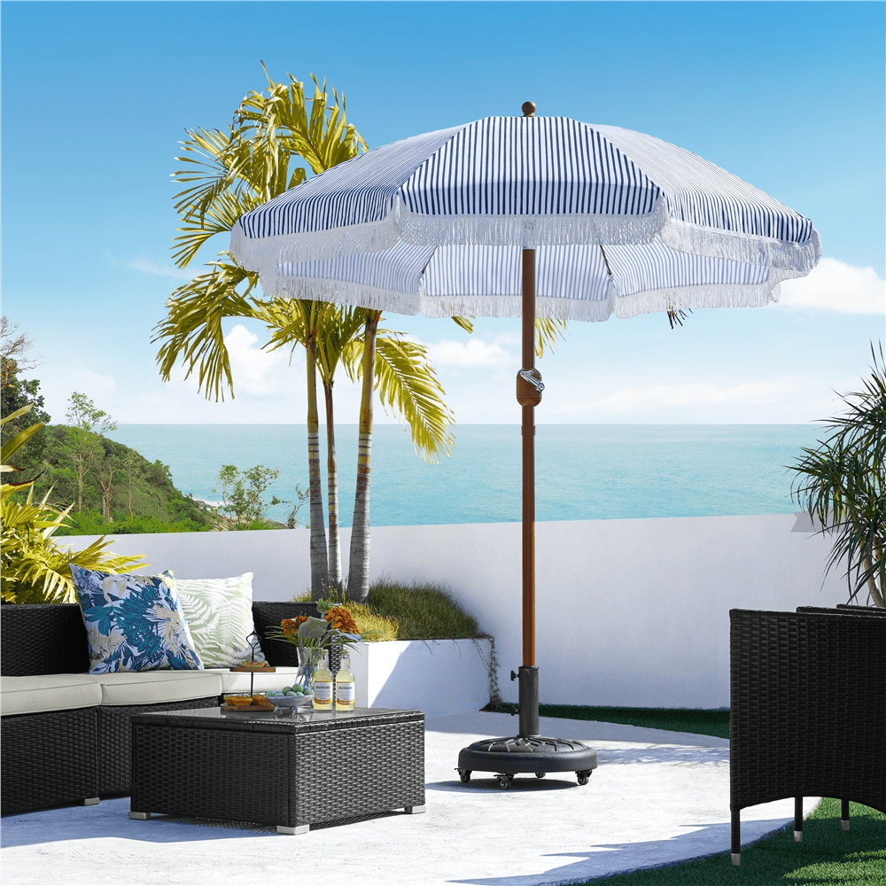 Renwick 7.5Ft Holiday Style Patio Umbrella with Fringe, Blue/White
