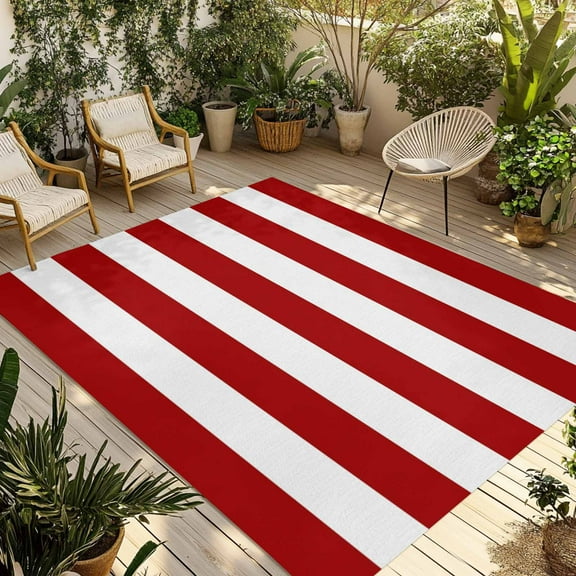 Fsddascl Red Stripes Outdoor Rug for Patio/Deck/Porch, Non-Slip Large Area Rug 5 x 8 Ft, Simple Red White Texture Indoor Outdoor Rugs Washable Area Rugs, Reversible Camping Rug Carpet Runner