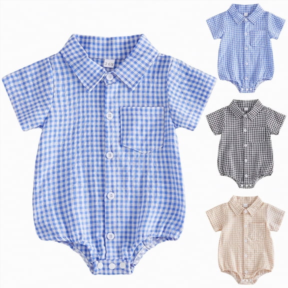 YDFCWXW Newborn Infant Baby Boy Summer Clothes Gingham Button Down Shirt Bubble Romper Short Sleeve Plaid Collared Bodysuit (Beige, 12-18 Months)