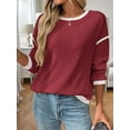 thumbnail image 4 of Women'S 2025 Fall Crew Neck Long Sleeve Oversized Color Block Sweaters Ribbed Knit Side Slit Pullover Wine Red XL, 4 of 7