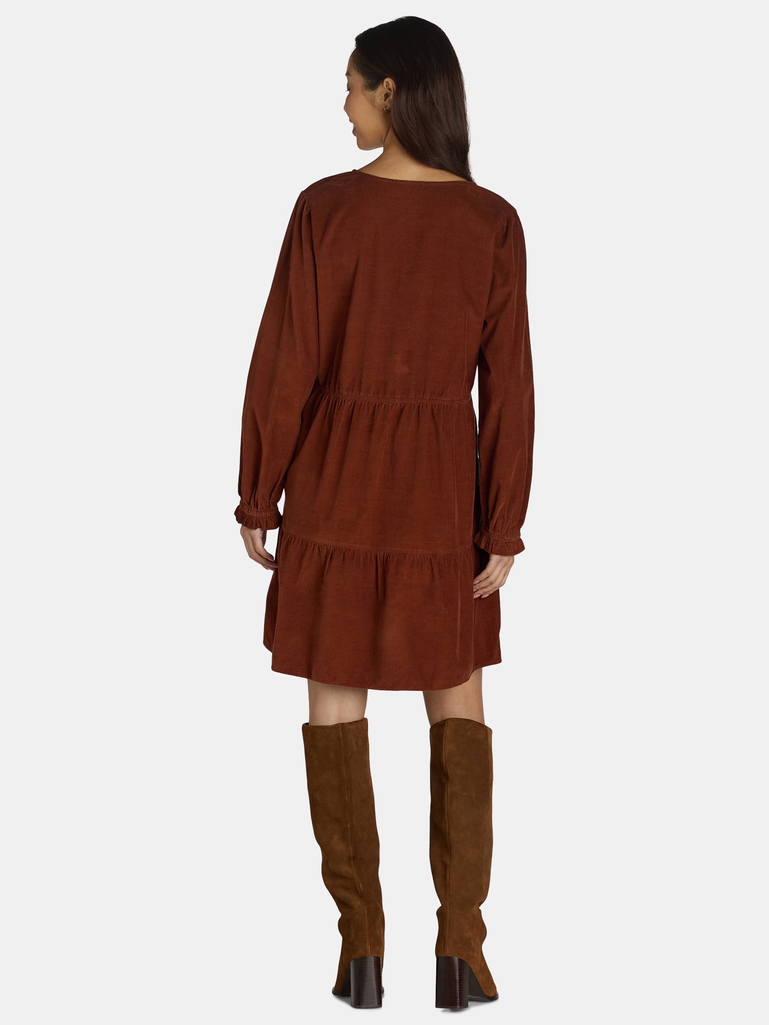 Time and Tru Women's Tiered Corduroy Dress with Long Sleeves, Sizes XS-XXXL