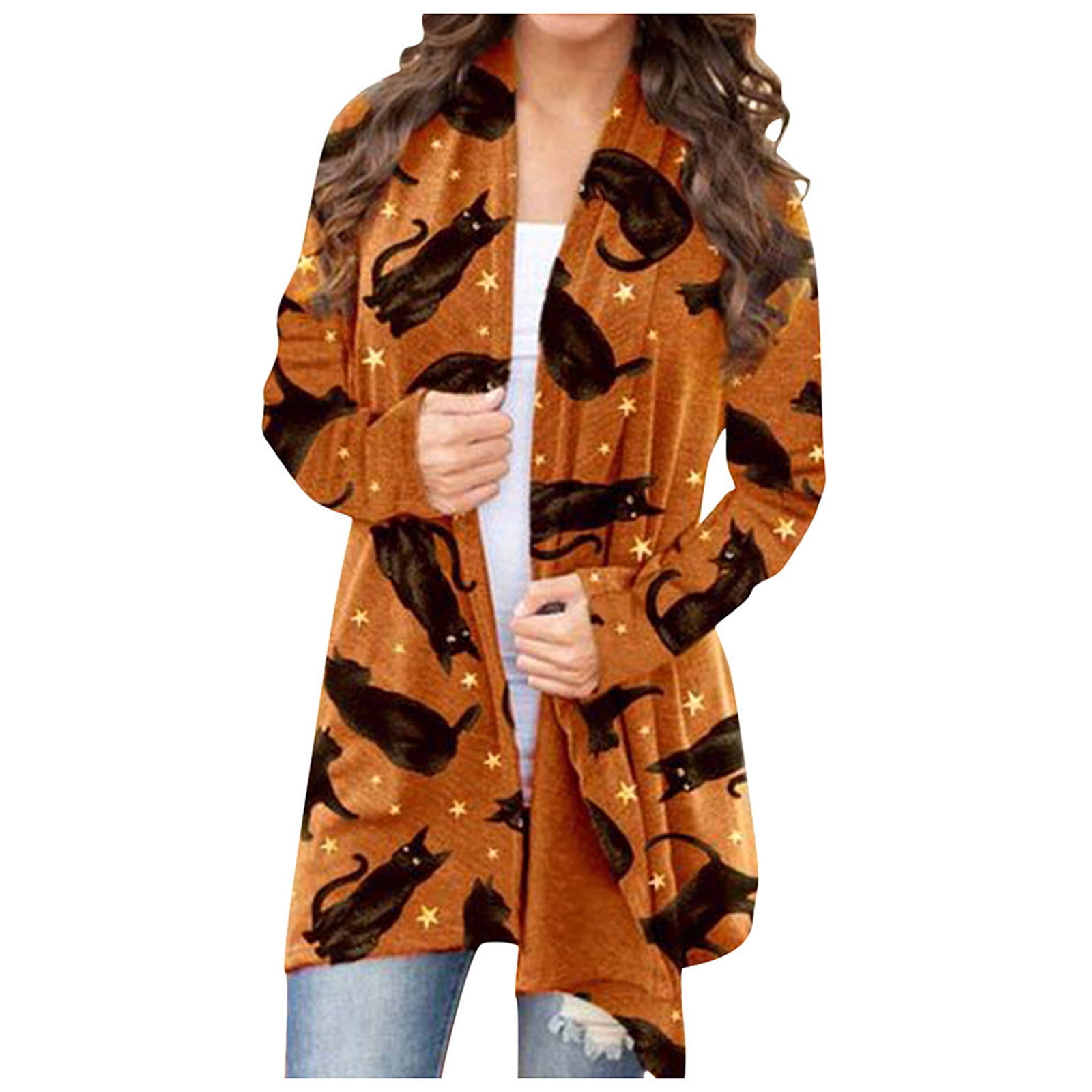 Halloween Animal Cat Pumpkin Print Cardigan for Womens Fashion Autumn Coat Long Sleeve Blouse Long Tunic Tops