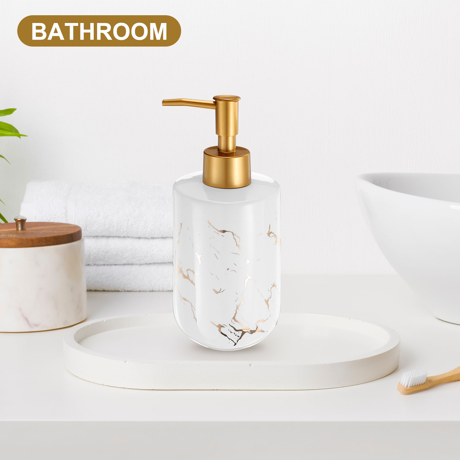Unique Bargains Soap Dispenser for Kitchen Bathroom with Pump Marble Pattern 10 Oz White