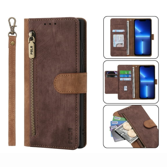 Nalacover Wallet Case for Google Pixel 7 Pro, [RFID Blocking] [Card Slots Holder] [Zipper Pocket] PU Leather Flip Folio Cover with Kickstand Magnetic Clasp Wrist Strap Case Men Women,Brown