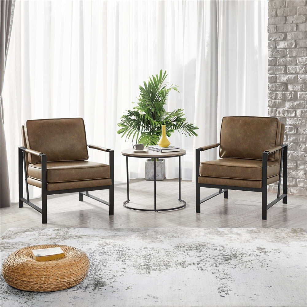 Alden Design Mid-Century Modern Accent Chair with Metal Frame, Brown Faux Leather