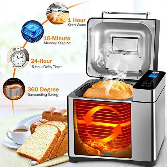 KBS Large 17-in-1 Bread Machine, 2LB All Stainless Steel Bread Maker with Auto Fruit Nut Dispenser, Nonstick Ceramic Pan, Full Touch Panel Tempered Glass, Reserve& Keep Warm Set, Oven Mitt a