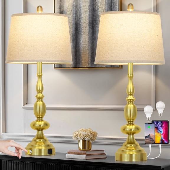 Cinkeda Set of 2 Gold Industrial Table Lamps with USB-C & USB-A Ports, 29'' 3-Way Dimmable Touch Control Metal Lamp for Bedroom, Living Room