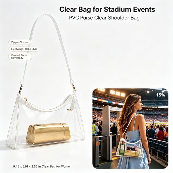 Clear Bag for Stadium Events - PVC Purse Clear Shoulder Bag for Stadium Events, 9.45 x 5.91 x 2.56 in, Zipper Closure, Lightweight Hobo Style, Concert and Game Day Bag for Women