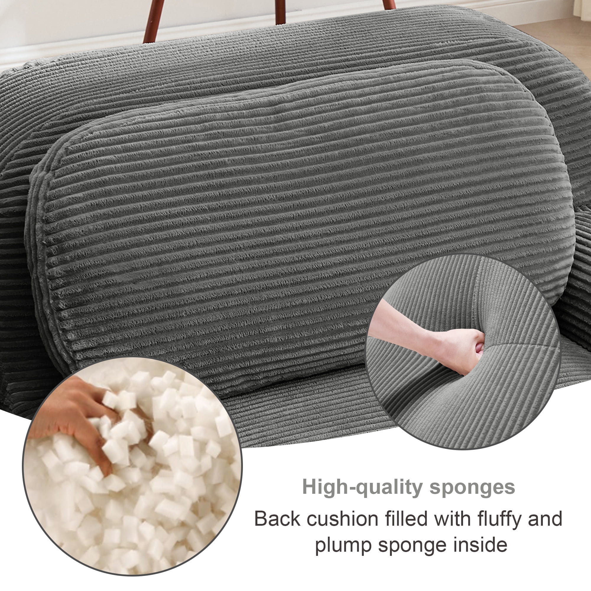 Aukfa 117" Modular Sectional Sofa Overstuffed Boneless Couch, 3Pillows, No Assembly, Corduroy, Cray