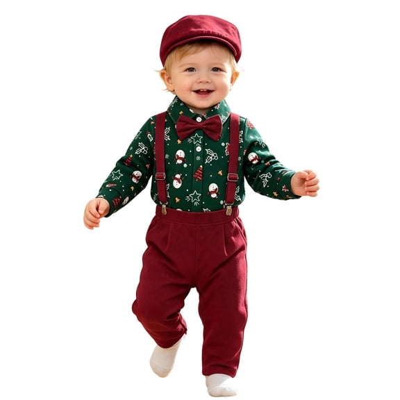 Kiijoy Boys Christmas Outfits Long Sleeve Romper Suspenders Pants Hat Baby Clothes