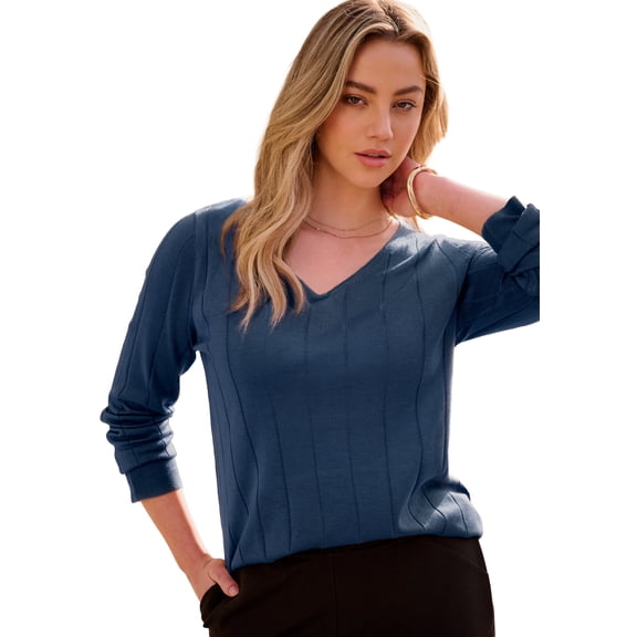 Roaman's Women's Plus Size Drop Needle V-Neck Lightweight Sweater Knit