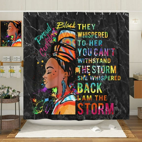 Black Girl Shower Curtain, African Tribal Woman and Funny Inspirational Words Shower Curtain for Bathroom, Black Woman Afro American on Black Marble Fabric Bathroom Curtain with 12PCS (69X70)