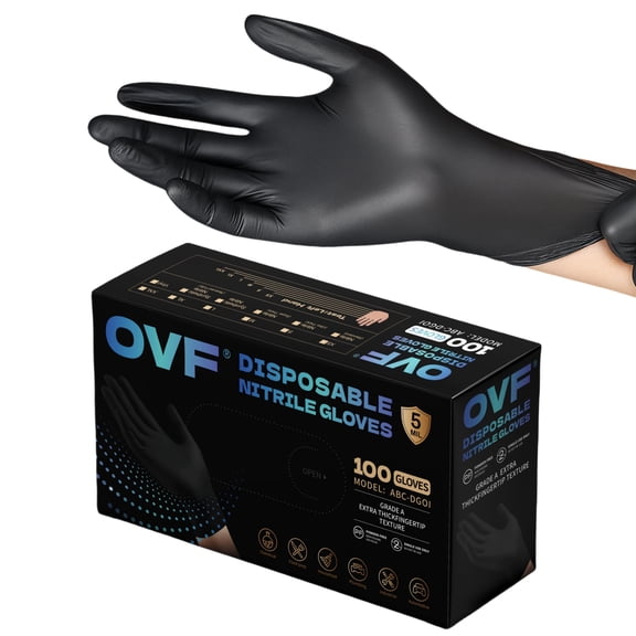 OVF Black Gloves, 100pcs Soft Nitrile Gloves heavy duty, Household Black Cleaning Gloves for Kitchen, Tattoo Cleaning Gloves(M- XL)