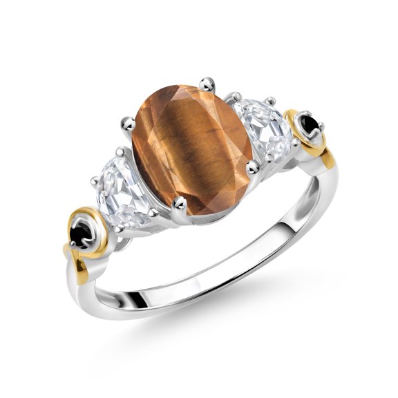 Gem Stone King 925 Silver and 10K Yellow Gold 3-Stone Ring Oval Brown Tiger Eye and Moissanite (2.01 Cttw, Size 9)