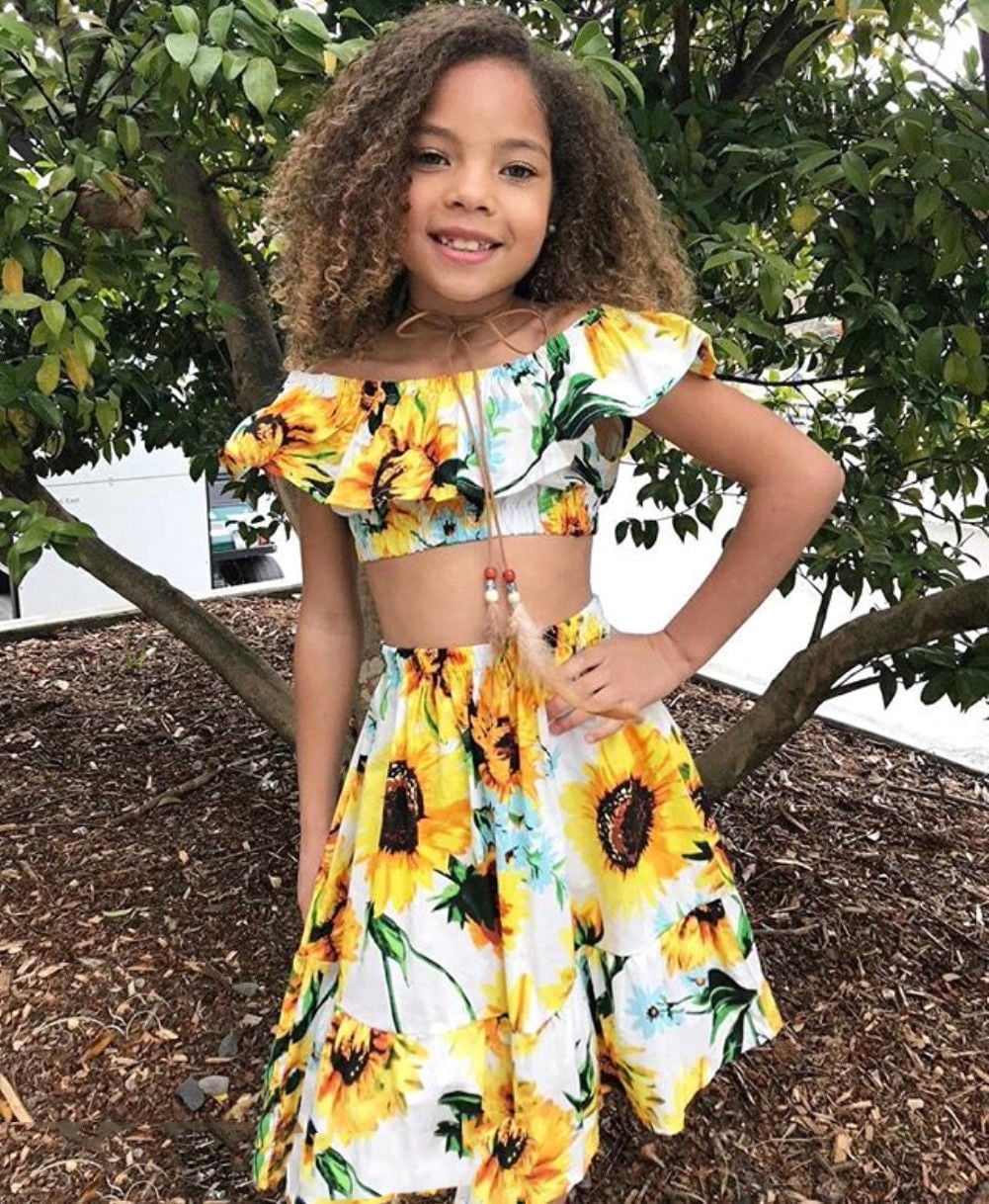 3pcs Toddler Baby Girl Sunflower Outfits Off Shoulder Ruffles Crop Tops Shorts Skirt Headband Set Summer Clothes