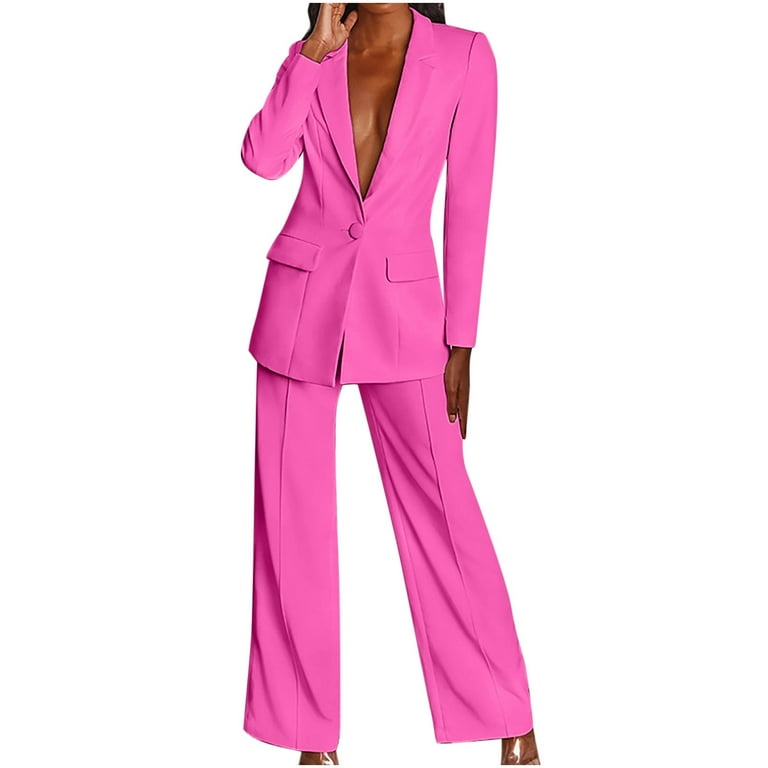 YWDJ Two Piece Outfits for Women Going Out Long Sleeve Solid Suit Pants  Casual Elegant Business Suit Sets Two-piece Suit Hot Pink S 