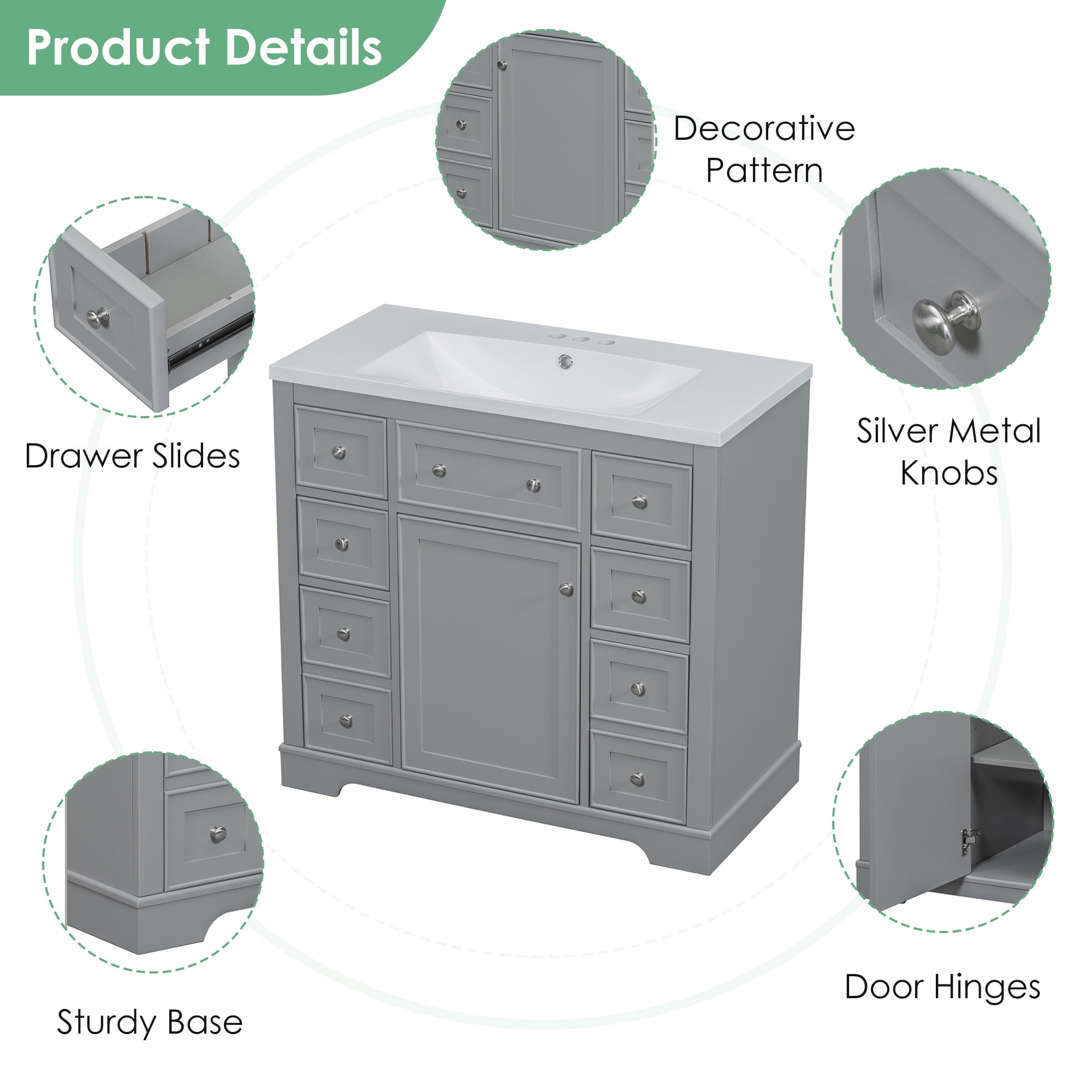 SogesPower 36" Bathroom Vanity with Ceramic Sink, Solid Wood Bathroom Makeup Cabinet with One Cabinet and 6 Drawers, Adjustable Shelf, FreeStanding Single Basin Vanity Set for Bathroom, Grey