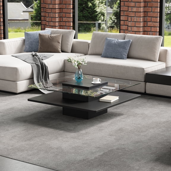 The Square Coffee Table with Clear Tempered Glass Top and Storage Shelf, Black Finish, 31.5"