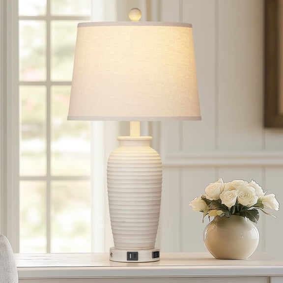 Cinkeda 24" Touch Control Single Table Lamp with USB Type-C Ports AC Outlet Farmhouse White Resin Jar 3 Way Dimmable Nightstand Bedside Lamp for Living Room Bedroom