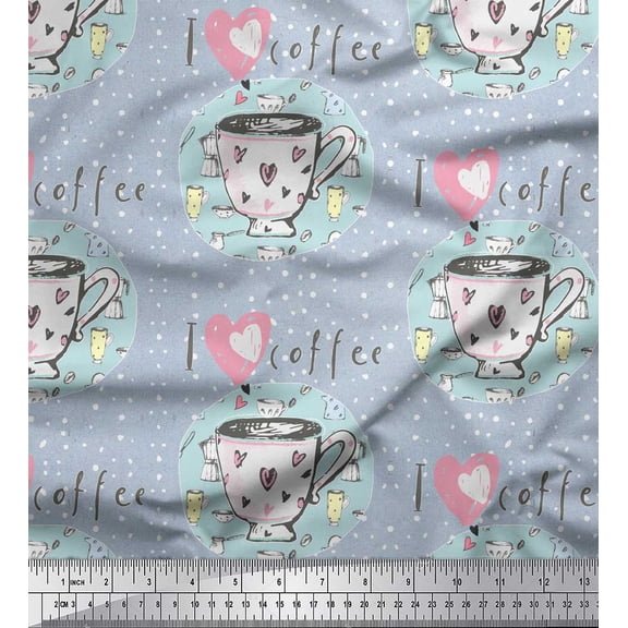 Soimoi Blue Silk Fabric Dot & I Love Coffee Text Decor Fabric Printed Yard 42 Inch Wide
