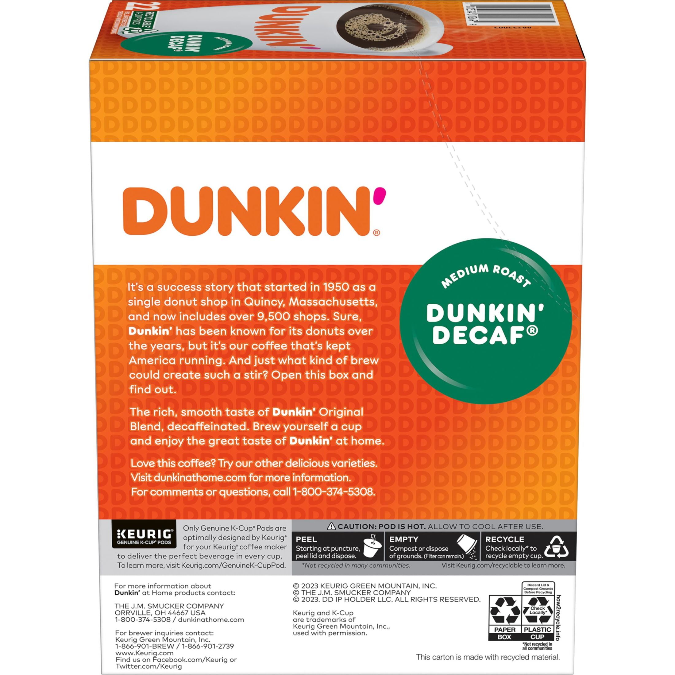 (4 pack) Dunkin’ Decaf Medium Roast Coffee, Keurig K Cup Pods, 22 Count Box