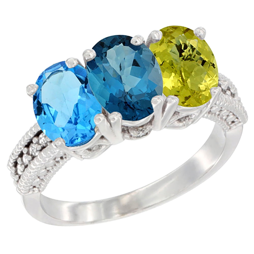 10K White Gold Natural Swiss Blue Topaz, London Blue Topaz & Lemon Quartz Ring 3-Stone Oval 7x5 mm Diamond Accent, sizes... by WorldJewels