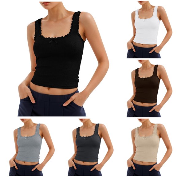 Gyujnb Women Y2K Lace Trim Bow Crop Cami Tank Top, Sleeveless Figure‑Flattering Going‑Out Camisole Top,Black