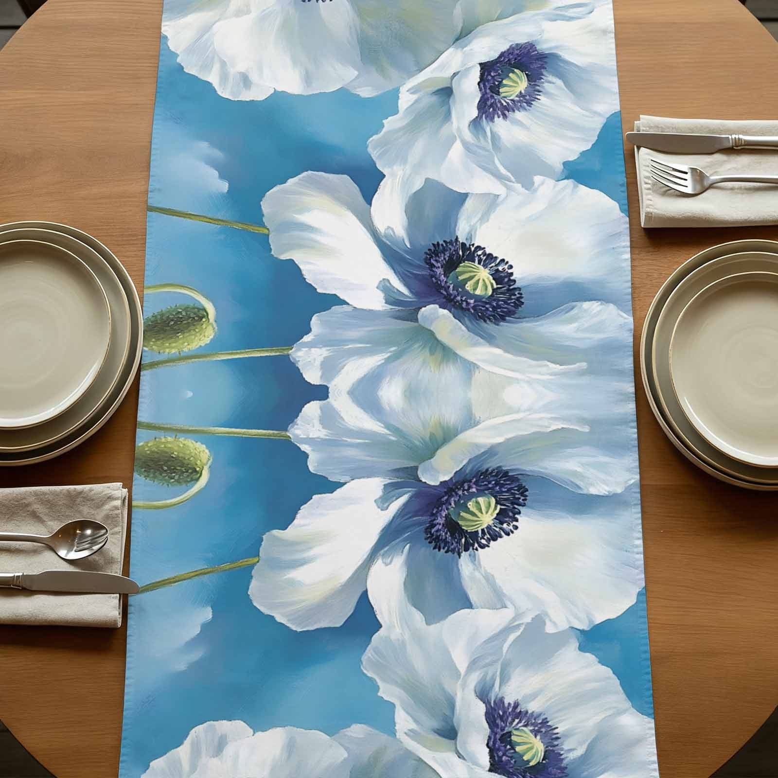 White Blue Floral 90 Inch Table Runner, Vintage Painting Art Country Spring Farmhouse Dresser Scarf Cotton & Linen Tablerunner for Dining/Kitchen Island/Holiday Party Décor 13" x 90"