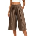 thumbnail image 4 of VBVC Women's Cotton Linen Pleated Wide Leg Capri Pants , Casual Summer Loose Crop Trousers For Women , Ladies' Flowy Lounge Pants with Pockets, Brown , S-2XL, 4 of 8