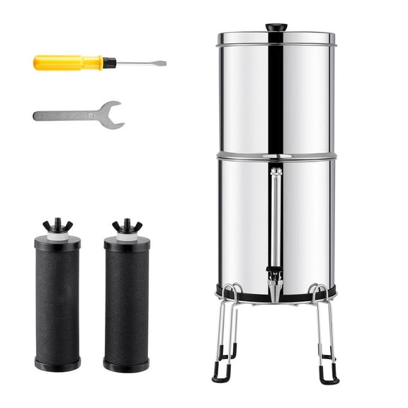 KFFKFF Gravity-Fed Water Filtration System, 2.25G Stainless Steel Countertop Unit, Reduces Lead and Chlorine, Includes 2 Carbon Filters, Water Level Spigot, and Stand