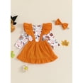 thumbnail image 3 of Suealasg 3Pcs Baby Girls Halloween Outfits Long Sleeve Pumpkin Ghost Print Romper + Suspender Skirt +Headband Set 3 6 9 12 18 Months Infant Girls Halloween Clothes, 3 of 7