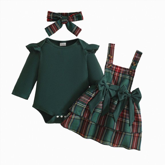 KPOPLK Baby Girl Christmas Plaid Overall Dress Set Long Sleeve Flutter Romper Suspender Skirt Bow Headband 3 Piece Infant Holiday Outfit,Size 9-12 Months