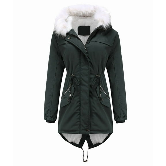 Winter Coats for Women Warm Fleece Long Back Jacket Thicken Parka with Hood Dark Green S