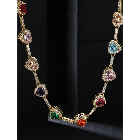 VOLALO Heart Shaped Colorful Necklace, Necklaces For Women, Elegant Rhinestone Decor Necklace For Women Mother'S Day Gift, Fashion Accessories For Party, Daily
