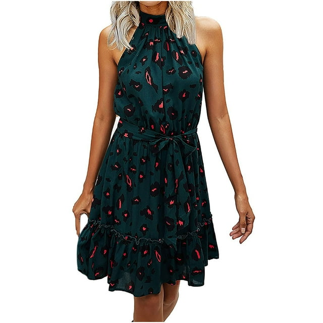 Pompotops Fashion Women Floral Printed Halter Strapless Ruffle Bandage Casual Dress