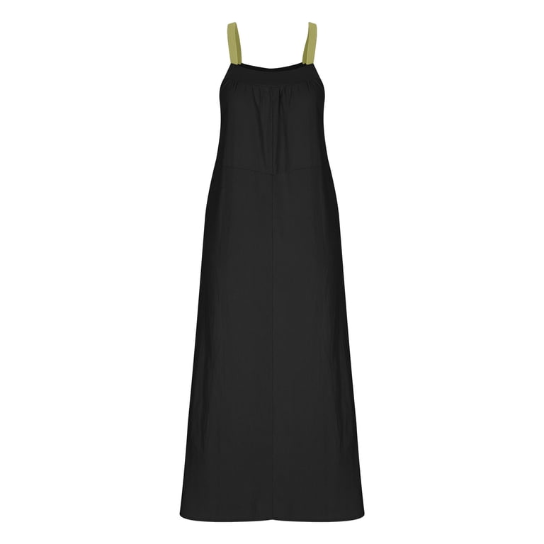 Aobny Women Dresses Casual Linen Black Cotton Shift Crew Neck Sleeveless Plus Size Midi Dresses for Women