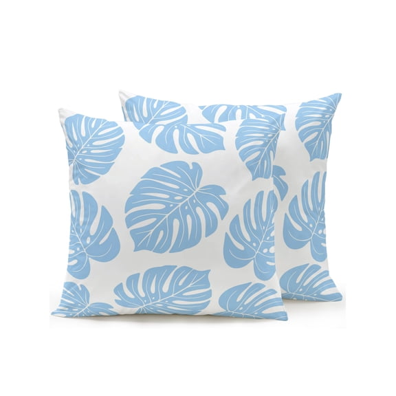 Outdoor Pillows Waterproof, Sky Blue Monstera Leaf Bedding Throw Pillows with Insert for Couch Sofa Bed, Summer Tropical Plant Botanical Boho 16x16 Inch Pillowcases Decorative Patio Pillow Set of 2