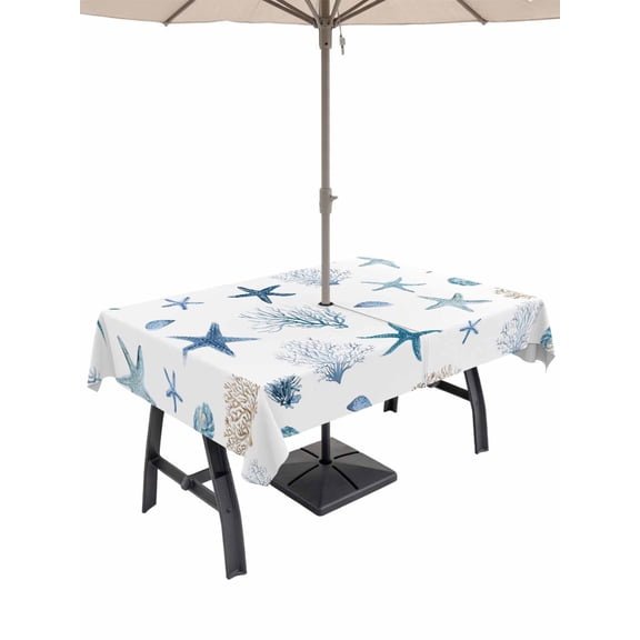 Outdoor Tablecloth with Umbrella Hole for Patio/Picnic/Party/Camping, Blue Starfish Coastal Waterproof Table Cloth Rectangle Table Cover Washable, Summer Beach Coral Ocean (60"x 120")