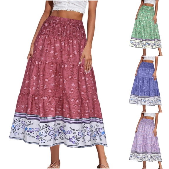 CHUMUD Boho Maxi Skirts for Women A-Line High Waisted Floral Bohemia Long Skirts Summer Casual Vacation